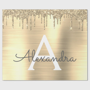 Gold Glitter Brushed Metal Monogram Name Cadeaupapier