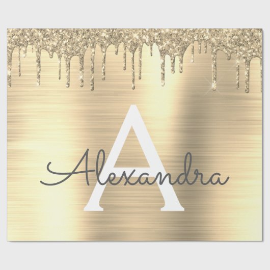 Gold Glitter Brushed Metal Monogram Name Cadeaupapier (Vlak)