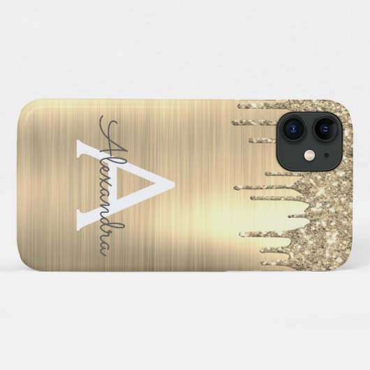 Gold Glitter Brushed Metal Monogram Name Case-Mate iPhone Case (Achterkant (horizontaal))