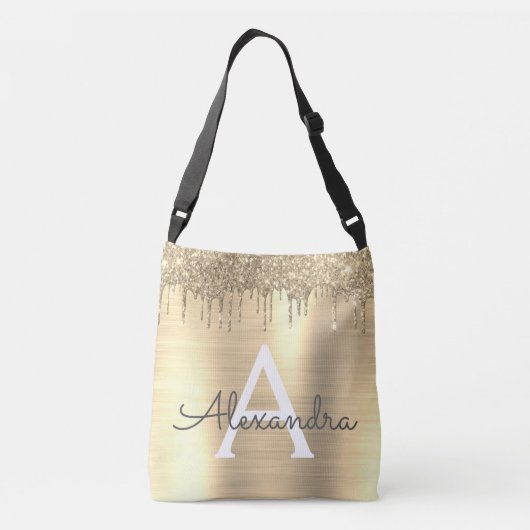 Gold Glitter Brushed Metal Monogram Name Crossbody Tas (Achterkant)