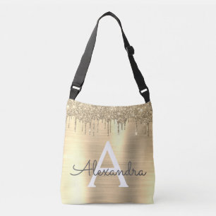 Gold Glitter Brushed Metal Monogram Name Crossbody Tas