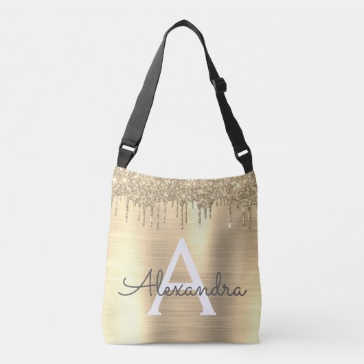 Gold Glitter Brushed Metal Monogram Name Crossbody Tas (Voorkant)