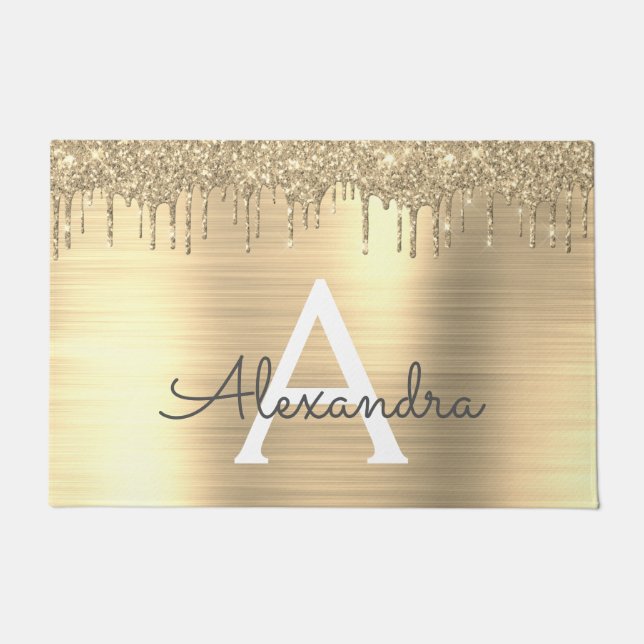 Gold Glitter Brushed Metal Monogram Name Deurmat (Voorkant)