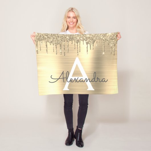 Gold Glitter Brushed Metal Monogram Name Fleece Deken (In situ)