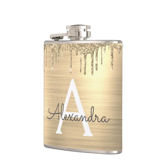 Gold Glitter Brushed Metal Monogram Name Heupfles (Links)