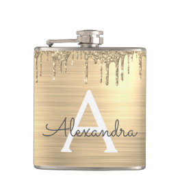 Gold Glitter Brushed Metal Monogram Name Heupfles