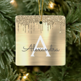 Gold Glitter Brushed Metal Monogram Name Keramisch Ornament