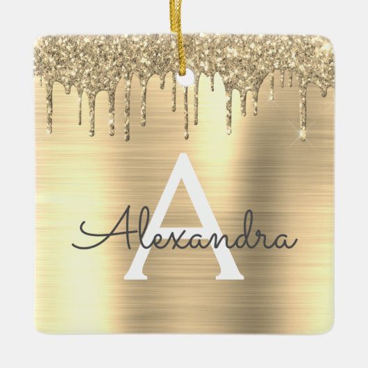 Gold Glitter Brushed Metal Monogram Name Keramisch Ornament (Voorkant)