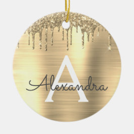 Gold Glitter Brushed Metal Monogram Name Keramisch Ornament