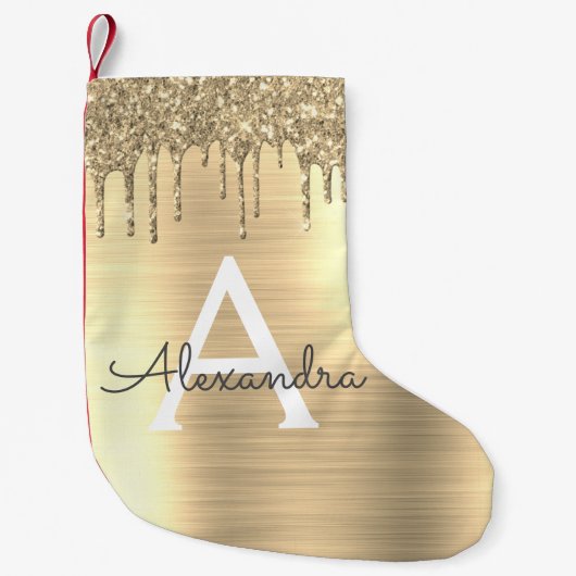 Gold Glitter Brushed Metal Monogram Name Kleine Kerstsok (Voorkant)