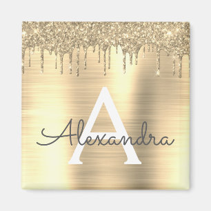 Gold Glitter Brushed Metal Monogram Name Magneet