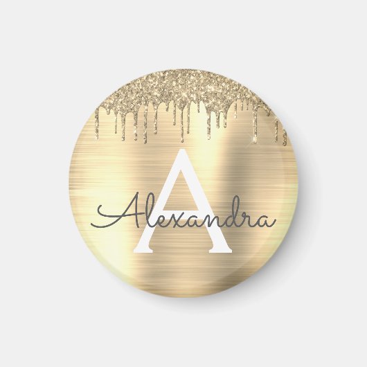 Gold Glitter Brushed Metal Monogram Name Magneet (Voorkant)
