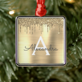 Gold Glitter Brushed Metal Monogram Name Metalen Ornament