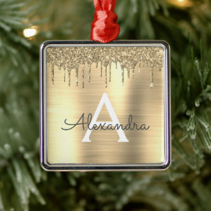 Gold Glitter Brushed Metal Monogram Name Metalen Ornament
