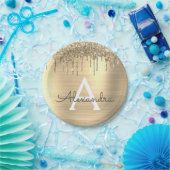 Gold Glitter Brushed Metal Monogram Name Papieren Bordje (Feest)