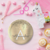 Gold Glitter Brushed Metal Monogram Name Papieren Bordje (Feest)