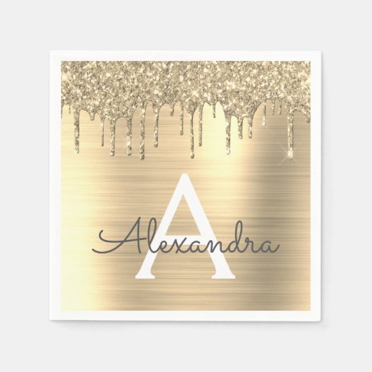 Gold Glitter Brushed Metal Monogram Name Servet (Voorkant)