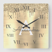 Gold Glitter Brushed Metal Monogram Name Vierkante Klok (Voorkant)