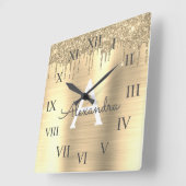 Gold Glitter Brushed Metal Monogram Name Vierkante Klok (Hoek)