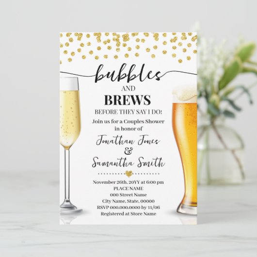 Gold Glitter Bubbles en Brews Weddenschap Shower Kaart (Staand voorkant)