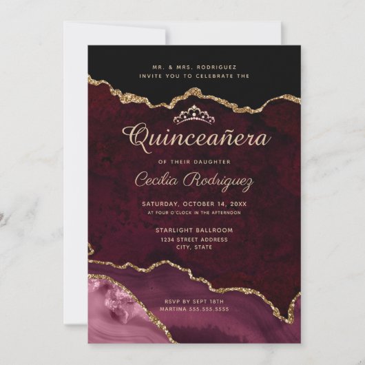 Gold Glitter Burgundy Agate Quinceanera Kaart (Voorkant)