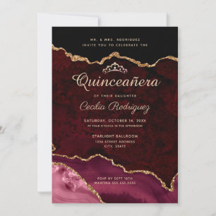 Gold Glitter Burgundy Agate Quinceanera Kaart