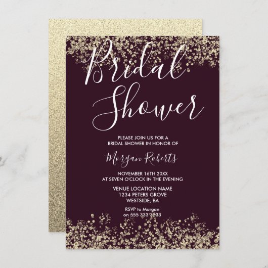 Gold Glitter Burgundy Bridal Shower - uitnodiging (Voorkant / Achterkant)
