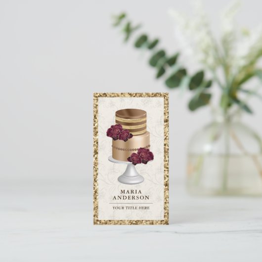 Gold Glitter Burgundy Floral - Aangepaste bakkerij Visitekaartje (Staand voorkant)