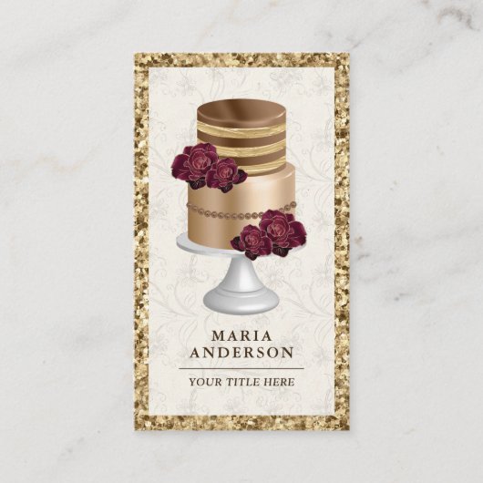 Gold Glitter Burgundy Floral - Aangepaste bakkerij Visitekaartje (Voorkant)