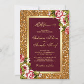 Gold Glitter Burgundy Floral Islamic Wedding Kaart (Voorkant)