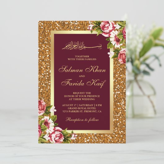 Gold Glitter Burgundy Floral Islamic Wedding Kaart (Staand voorkant)
