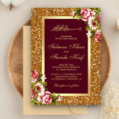 Gold Glitter Burgundy Floral Islamic Wedding Kaart