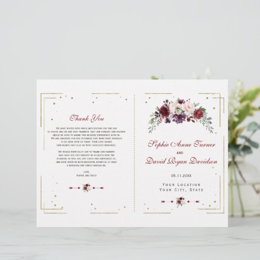 Gold Glitter Burgundy Floral Wedding Programme (Staand voorkant)