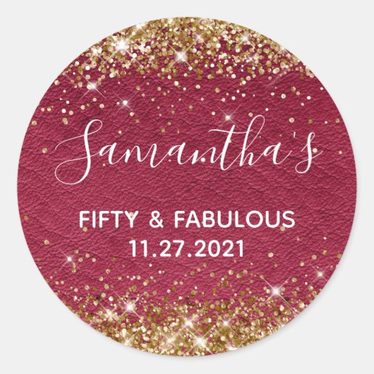 Gold Glitter Burgundy Leather 50 en Fabulous Ronde Sticker (Voorkant)