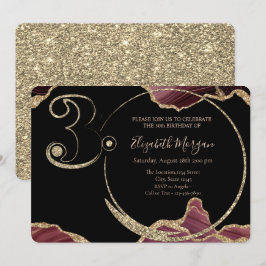Gold Glitter Burgundy Marble 30th Birthday Kaart