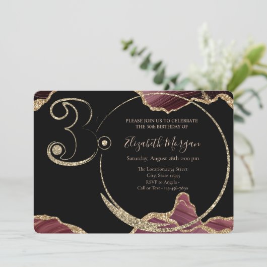 Gold Glitter Burgundy Marble 30th Birthday Kaart (Staand voorkant)