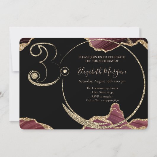 Gold Glitter Burgundy Marble 30th Birthday Kaart (Voorkant)