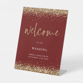 Gold Glitter Burgundy Names Welcome Weddenschap Reclamebord Met Voetstuk