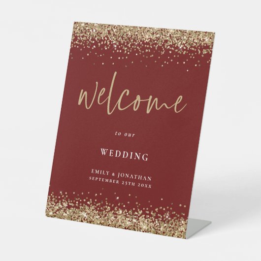 Gold Glitter Burgundy Names Welcome Weddenschap Reclamebord Met Voetstuk (Voorkant)
