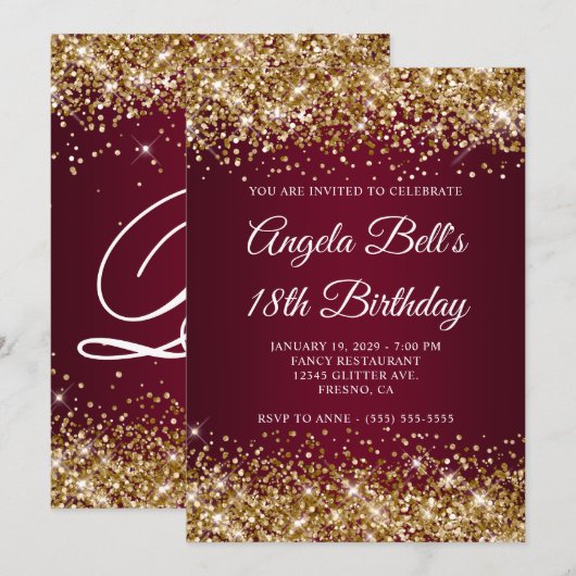 Gold Glitter Burgundy Ombre 18th Birthday Kaart (Voorkant / Achterkant)