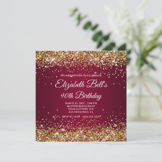 Gold Glitter Burgundy Ombre 90th Birthday Kaart (Staand voorkant)