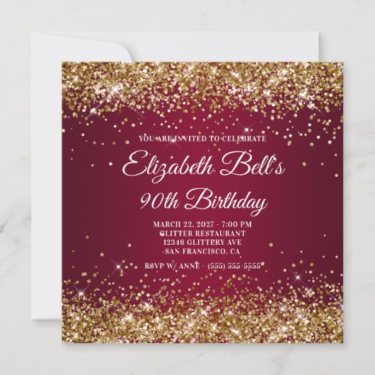 Gold Glitter Burgundy Ombre 90th Birthday Kaart (Voorkant)