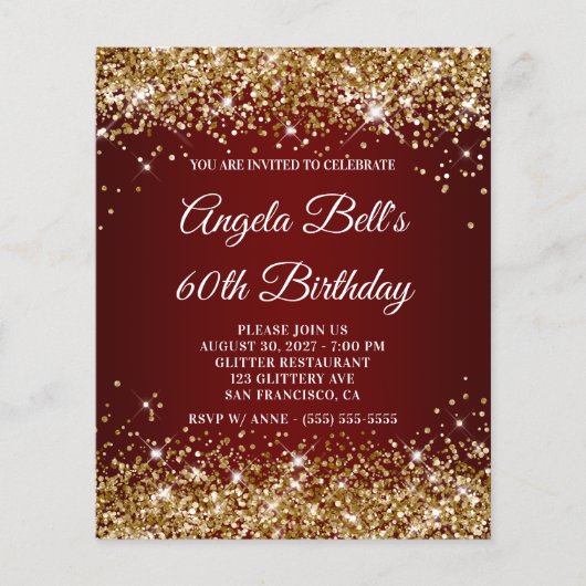 Gold Glitter Burgundy Red 60th Birthday Invitation (Voorkant)