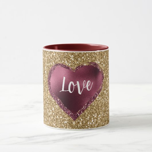 Gold Glitter Burgundy Red Heart Love Mok (Midden)
