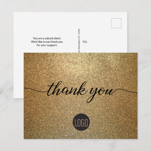 Gold Glitter Business logo Klant Bedankt Briefkaart (Voorkant / Achterkant)
