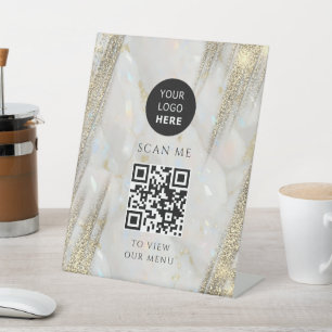 Gold Glitter Business QR Code Logo Opal Stone Reclamebord Met Voetstuk