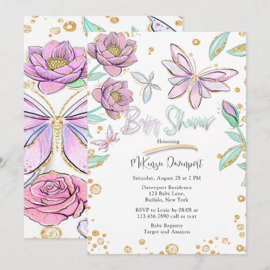 Gold Glitter Butterfly en Bloemenmeisje Baby showe Kaart (Voorkant / Achterkant)