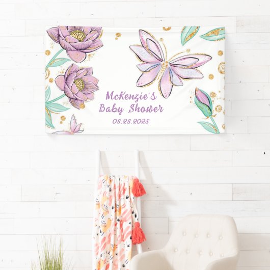 Gold Glitter Butterfly en Bloemenmeisje Baby showe Spandoek (Insitu)