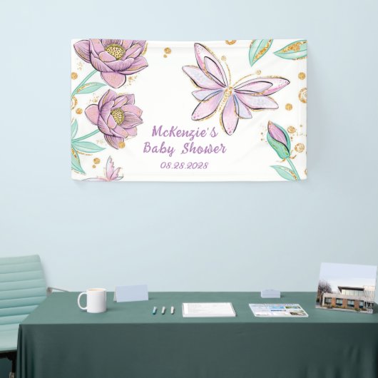 Gold Glitter Butterfly en Bloemenmeisje Baby showe Spandoek (Beurs)