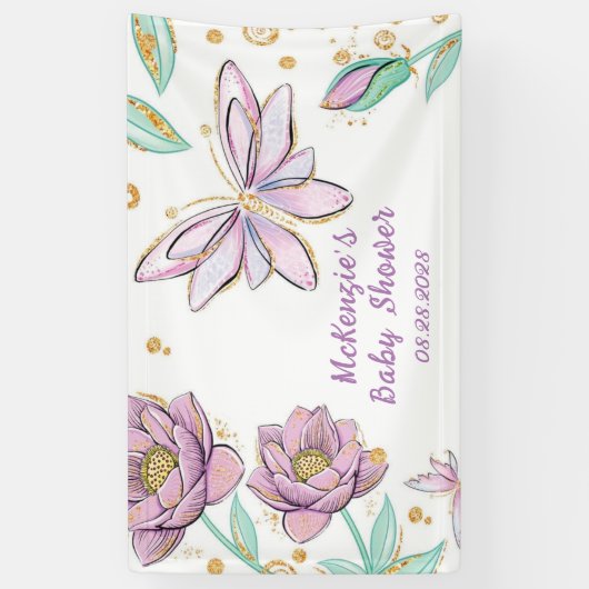 Gold Glitter Butterfly en Bloemenmeisje Baby showe Spandoek (Verticaal)